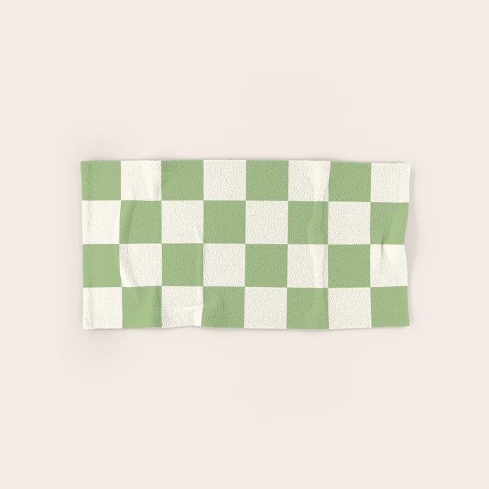 Checkerboard Check Checkered Pattern in Light Sage Green and Cream Bath Towel Gallery Image 1