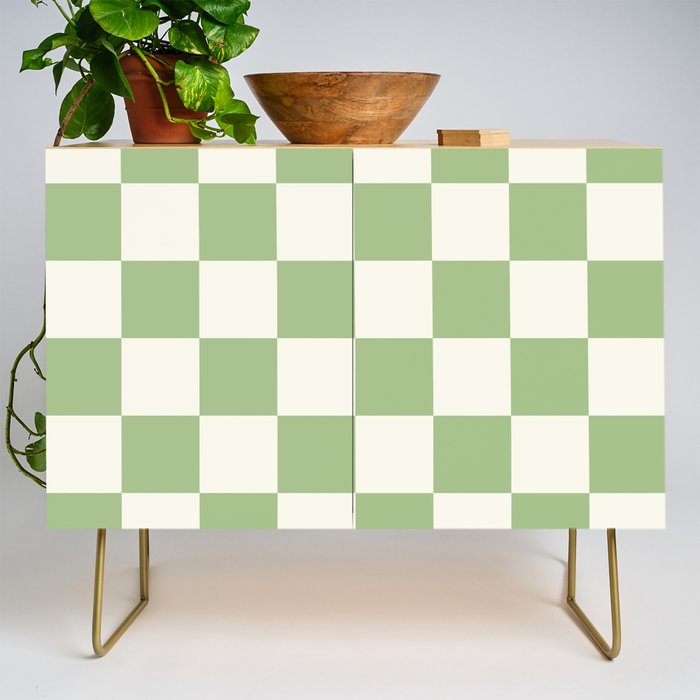 Checkerboard Check Checkered Pattern in Light Sage Green and Cream Credenza Gallery Image 1