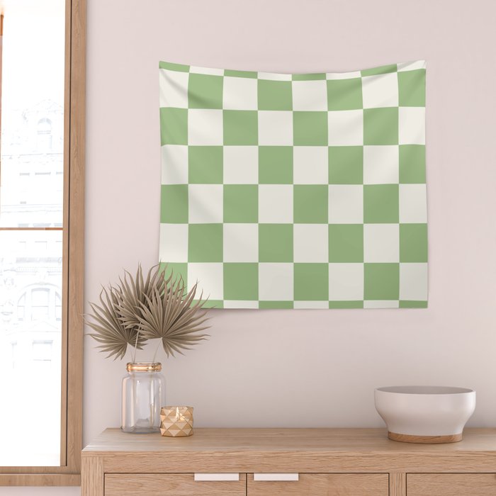 Checkerboard Check Checkered Pattern in Light Sage Green and Cream Wall Tapestry Gallery Image 2