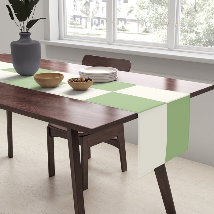 Checkerboard Check Checkered Pattern in Light Sage Green and Cream Table Runner Gallery Image 2