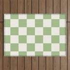 Checkerboard Check Checkered Pattern in Light Sage Green and Cream Outdoor Rug Gallery Image 1