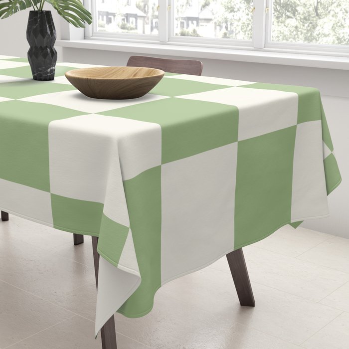 Checkerboard Check Checkered Pattern in Light Sage Green and Cream Tablecloth Gallery Image 3