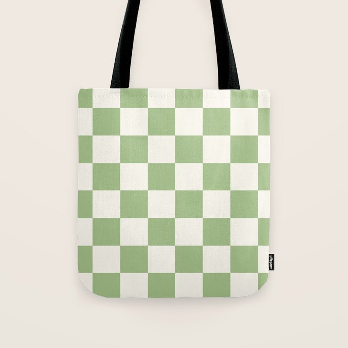 Checkerboard Check Checkered Pattern in Light Sage Green and Cream Tote Bag Gallery Image 1