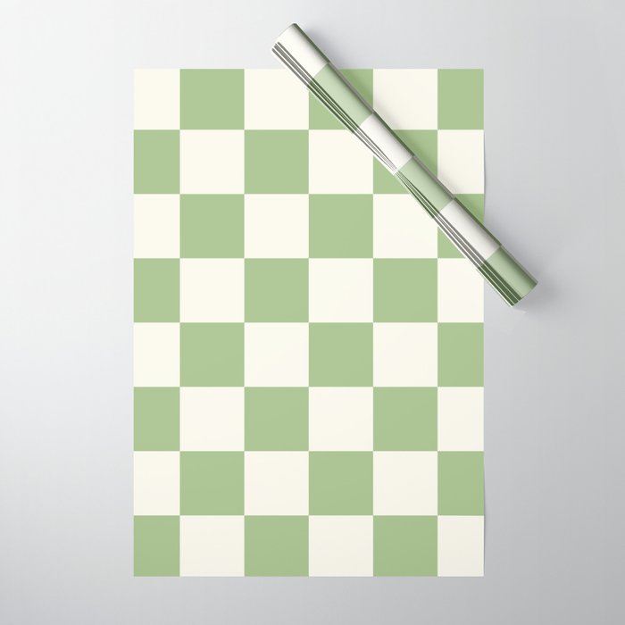 Checkerboard Check Checkered Pattern in Light Sage Green and Cream Wrapping Paper Gallery Image 1