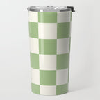 Checkerboard Check Checkered Pattern in Light Sage Green and Cream Travel Mug Gallery Image 2
