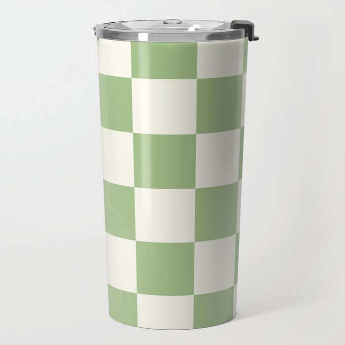 Checkerboard Check Checkered Pattern in Light Sage Green and Cream Travel Mug Gallery Image 2