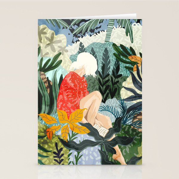 The Distracted Reader | Mindfulness Solo Travel | Bohemian Jungle Botanical Mood | Nature Book Lady Stationery Card Gallery Image 1