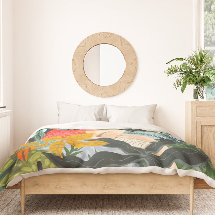 The Distracted Reader | Mindfulness Solo Travel | Bohemian Jungle Botanical Mood | Nature Book Lady Duvet Cover Gallery Image 3