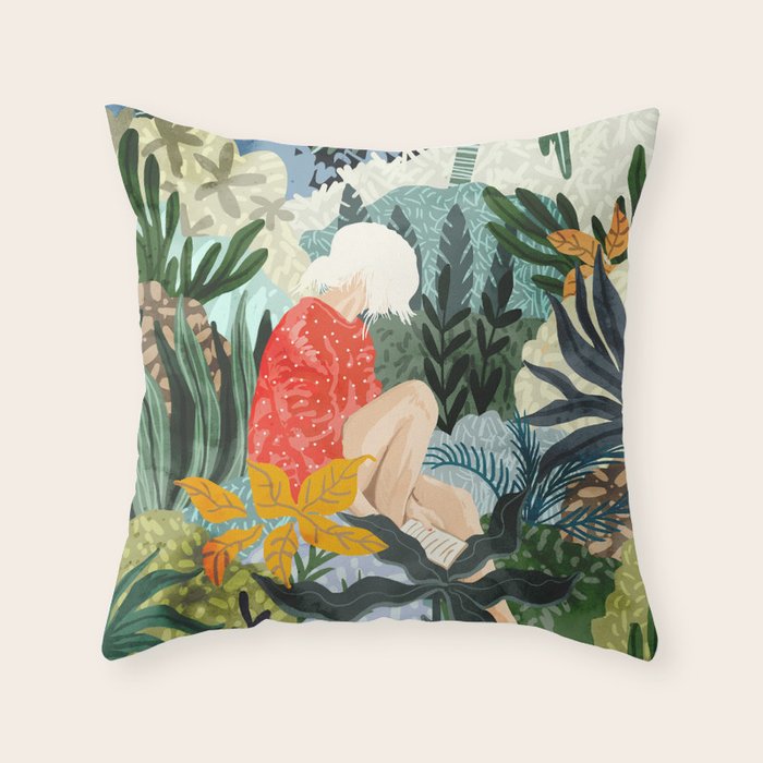 The Distracted Reader | Mindfulness Solo Travel | Bohemian Jungle Botanical Mood | Nature Book Lady Throw Pillow Gallery Image 6