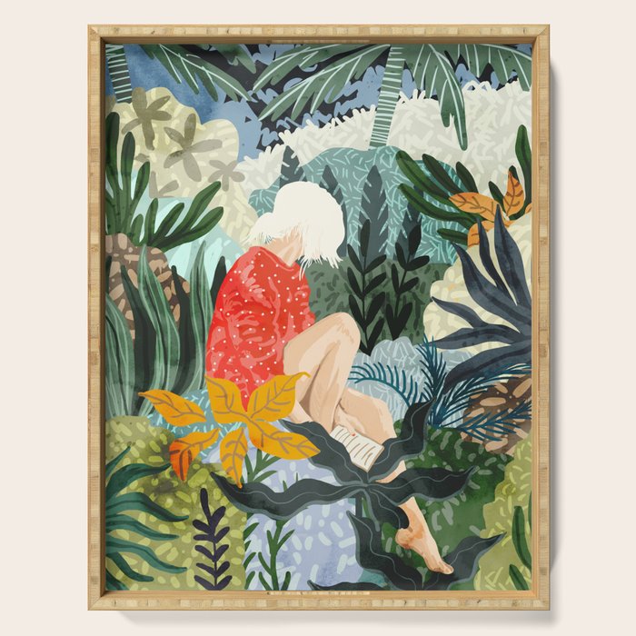 The Distracted Reader | Mindfulness Solo Travel | Bohemian Jungle Botanical Mood | Nature Book Lady Serving Tray Gallery Image 1