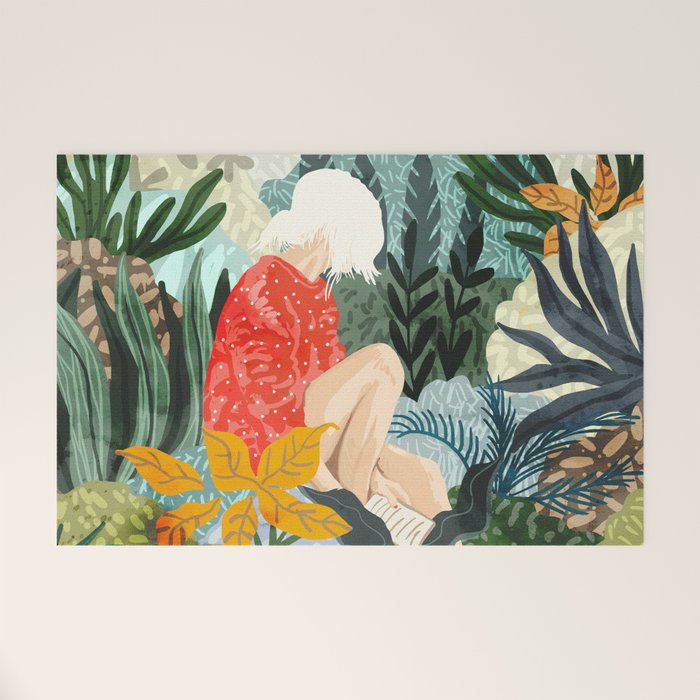 The Distracted Reader | Mindfulness Solo Travel | Bohemian Jungle Botanical Mood | Nature Book Lady Welcome Mat Gallery Image 1