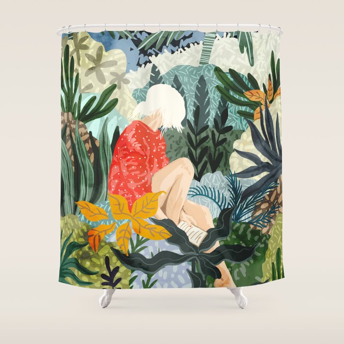 The Distracted Reader | Mindfulness Solo Travel | Bohemian Jungle Botanical Mood | Nature Book Lady Shower Curtain Gallery Image 1