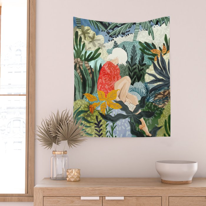 The Distracted Reader | Mindfulness Solo Travel | Bohemian Jungle Botanical Mood | Nature Book Lady Wall Tapestry Gallery Image 2