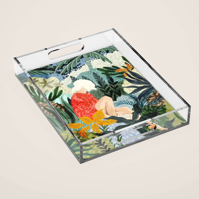 The Distracted Reader | Mindfulness Solo Travel | Bohemian Jungle Botanical Mood | Nature Book Lady Acrylic Tray Gallery Image 1