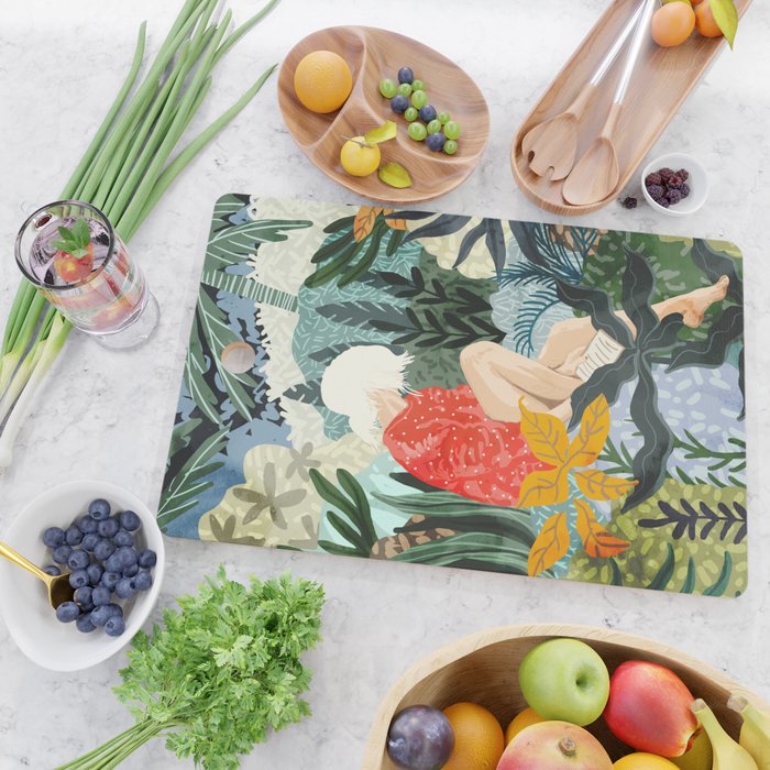 The Distracted Reader | Mindfulness Solo Travel | Bohemian Jungle Botanical Mood | Nature Book Lady Cutting Board Gallery Image 2