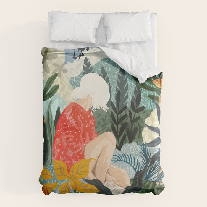 The Distracted Reader | Mindfulness Solo Travel | Bohemian Jungle Botanical Mood | Nature Book Lady Duvet Cover Gallery Image 1