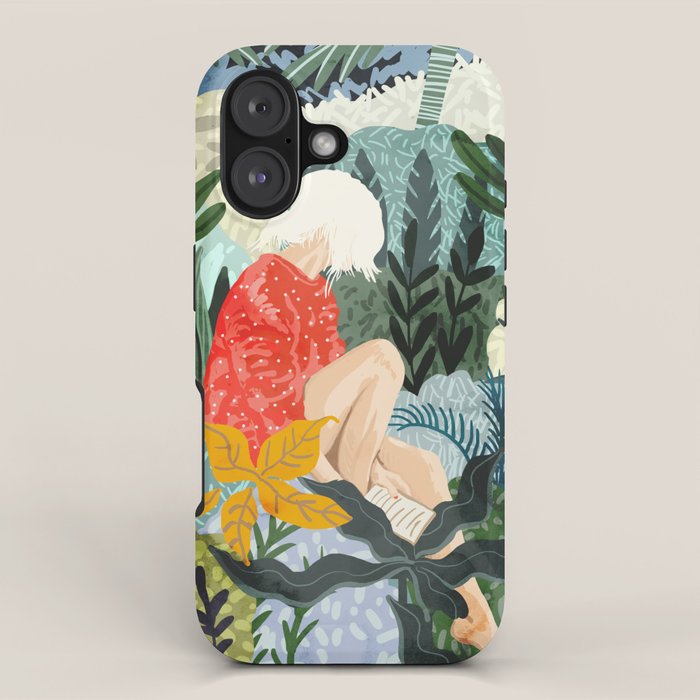The Distracted Reader | Mindfulness Solo Travel | Bohemian Jungle Botanical Mood | Nature Book Lady iPhone Case Gallery Image 1