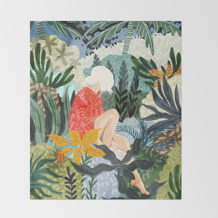 The Distracted Reader | Mindfulness Solo Travel | Bohemian Jungle Botanical Mood | Nature Book Lady Throw Blanket Gallery Image 2