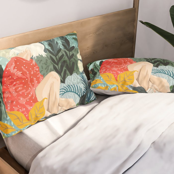 The Distracted Reader | Mindfulness Solo Travel | Bohemian Jungle Botanical Mood | Nature Book Lady Pillow Sham Gallery Image 2