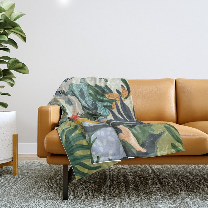 The Distracted Reader | Mindfulness Solo Travel | Bohemian Jungle Botanical Mood | Nature Book Lady Throw Blanket Gallery Image 1