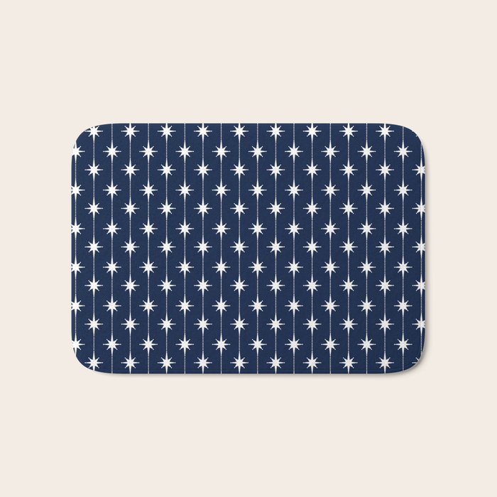 Midcentury Stars and Dots Pattern in Nautical Navy Blue and White Bath Mat Gallery Image 1