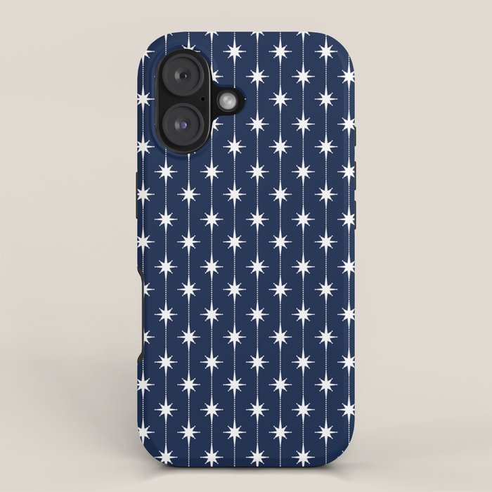 Midcentury Stars and Dots Pattern in Nautical Navy Blue and White iPhone Case Gallery Image 1