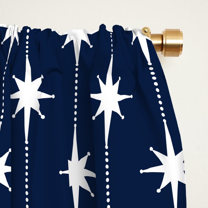 Midcentury Stars and Dots Pattern in Nautical Navy Blue and White Window Curtain Gallery Image 2