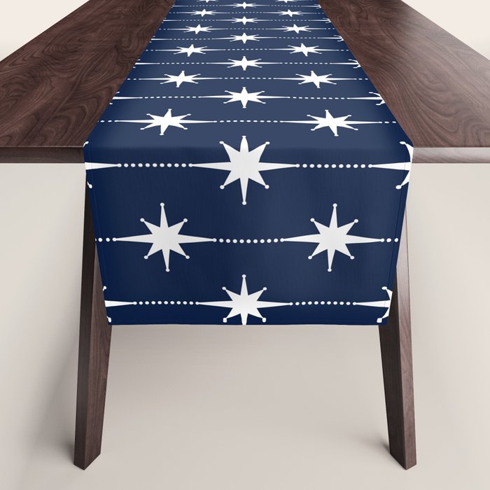 Midcentury Stars and Dots Pattern in Nautical Navy Blue and White Table Runner Gallery Image 1