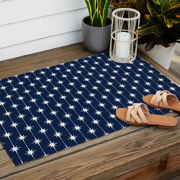 Midcentury Stars and Dots Pattern in Nautical Navy Blue and White Outdoor Rug Gallery Image 2