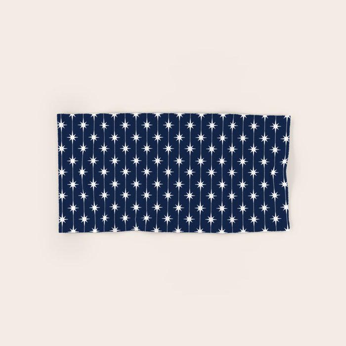 Midcentury Stars and Dots Pattern in Nautical Navy Blue and White Bath Towel Gallery Image 1