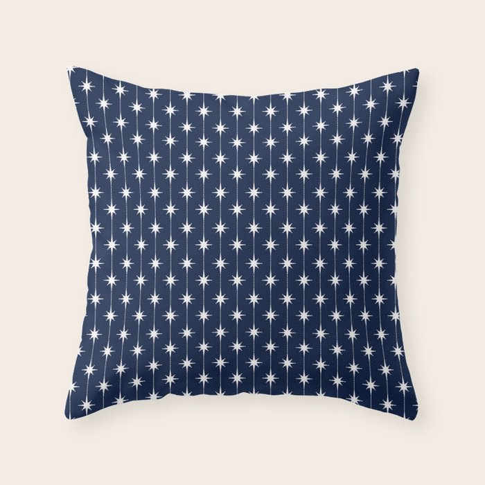 Midcentury Stars and Dots Pattern in Nautical Navy Blue and White Throw Pillow Gallery Image 1