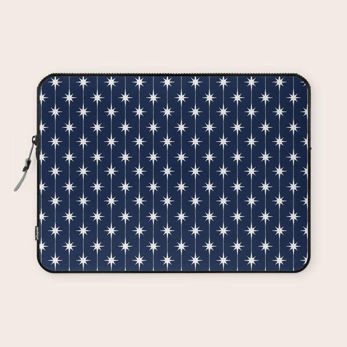Midcentury Stars and Dots Pattern in Nautical Navy Blue and White Laptop Sleeve Gallery Image 1