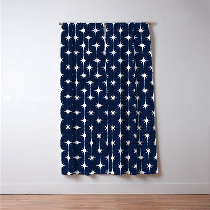 Midcentury Stars and Dots Pattern in Nautical Navy Blue and White Window Curtain Gallery Image 3