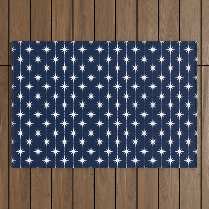Midcentury Stars and Dots Pattern in Nautical Navy Blue and White Outdoor Rug Gallery Image 1