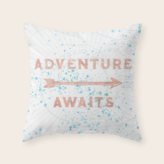 Adventure Awaits Rose Gold Throw Pillow Gallery Image 1