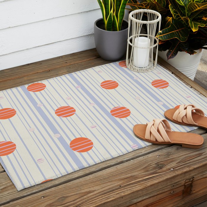 Dots and Vertical Stripes in Orange and Lavender - Playful Geometrics Outdoor Rug Gallery Image 2