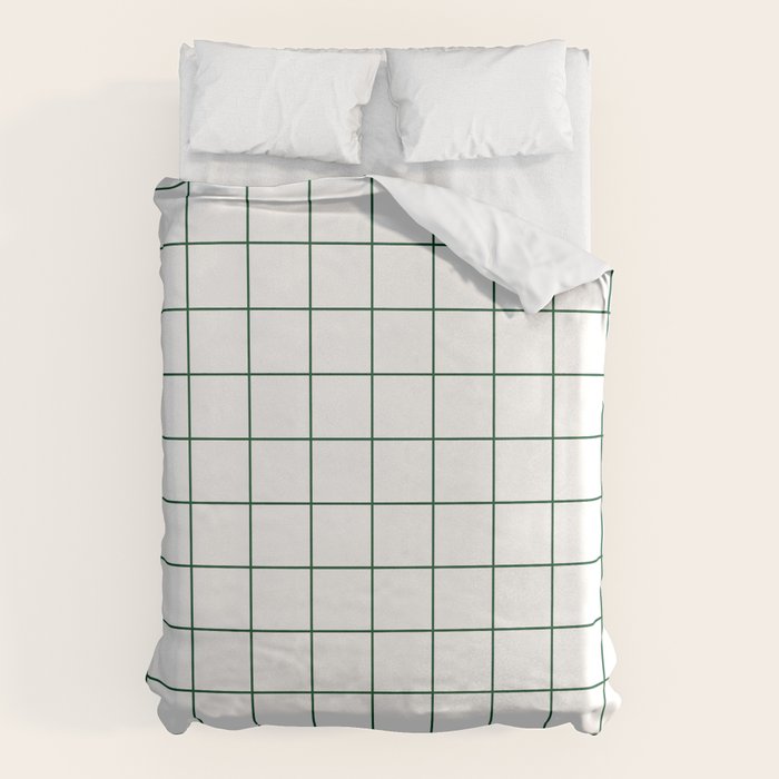 Grid Pattern White Forest Green Windowpane Graph Check Stripe Lines Minimalist Stripes Line Drawing Duvet Cover Gallery Image 6