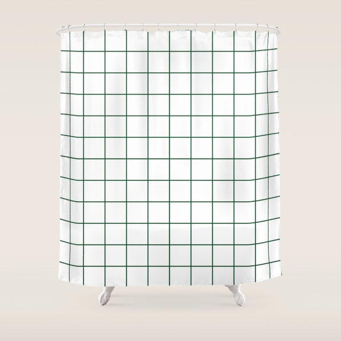 Grid Pattern White Forest Green Windowpane Graph Check Stripe Lines Minimalist Stripes Line Drawing Shower Curtain Gallery Image 1