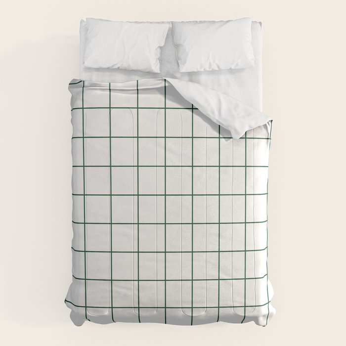 Grid Pattern White Forest Green Windowpane Graph Check Stripe Lines Minimalist Stripes Line Drawing Comforter