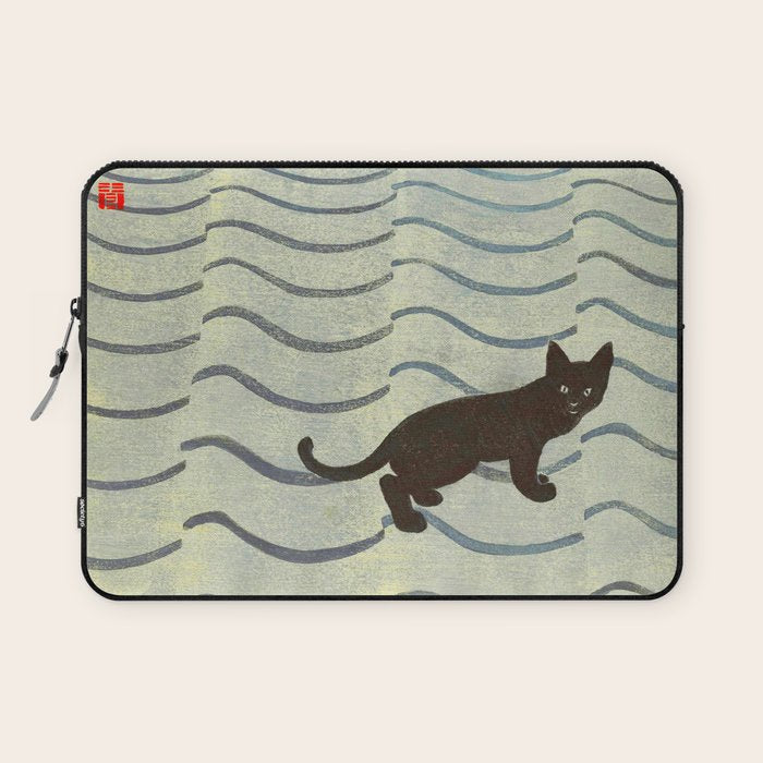 Aoyama Masaharu Japanese Woodblock Print Black Cat On Water Vintage traditional Art Laptop Sleeve Gallery Image 1