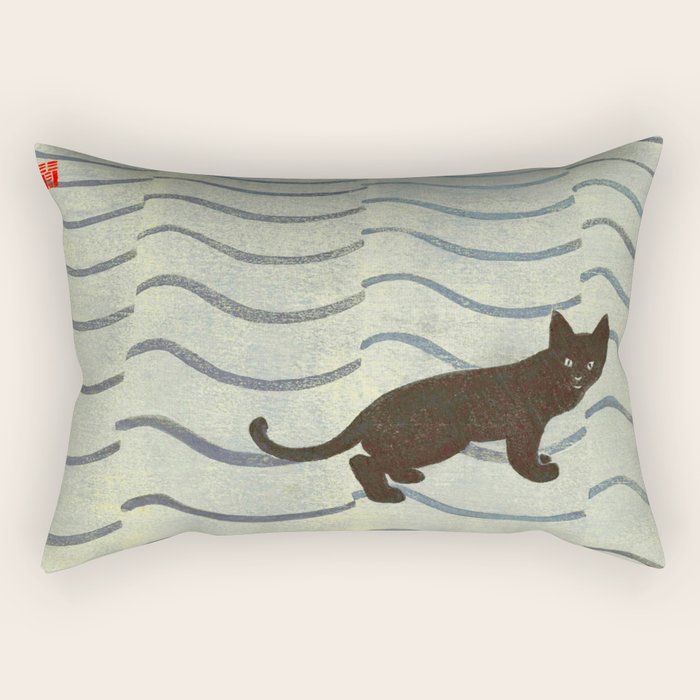 Aoyama Masaharu Japanese Woodblock Print Black Cat On Water Vintage traditional Art Rectangular Pillow Gallery Image 2