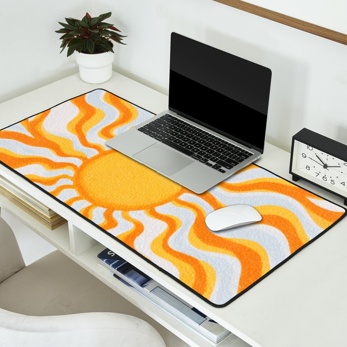Radiant Sunburst Retro 70s Groovy Sunshine Vibes in Bold Orange and Yellow Desk Mat Gallery Image 2