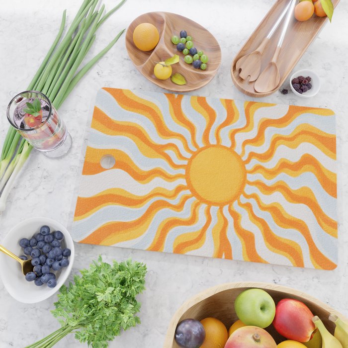 Radiant Sunburst Retro 70s Groovy Sunshine Vibes in Bold Orange and Yellow Cutting Board Gallery Image 2