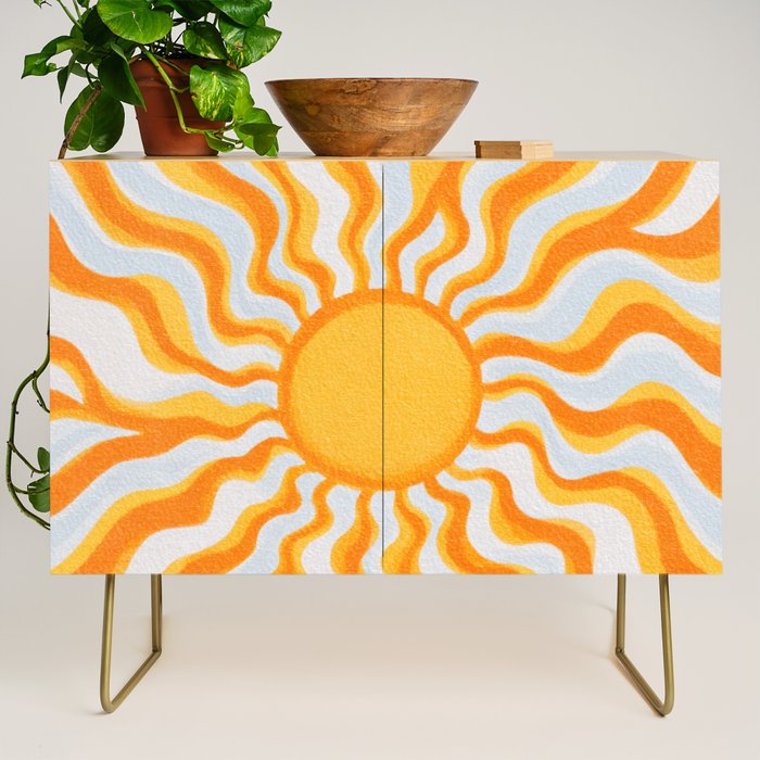 Radiant Sunburst Retro 70s Groovy Sunshine Vibes in Bold Orange and Yellow Credenza Gallery Image 1