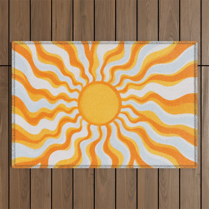 Radiant Sunburst Retro 70s Groovy Sunshine Vibes in Bold Orange and Yellow Outdoor Rug Gallery Image 1