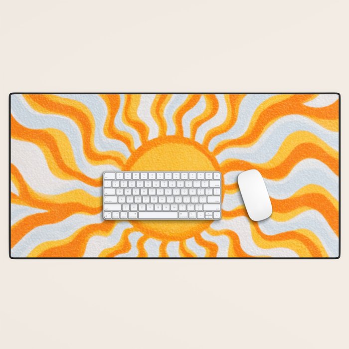 Radiant Sunburst Retro 70s Groovy Sunshine Vibes in Bold Orange and Yellow Desk Mat Gallery Image 1