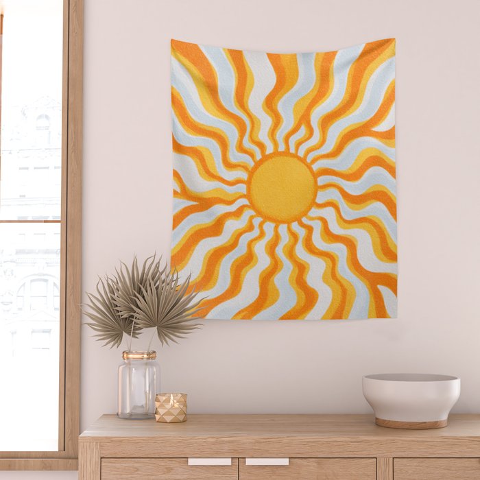 Radiant Sunburst Retro 70s Groovy Sunshine Vibes in Bold Orange and Yellow Wall Tapestry Gallery Image 2