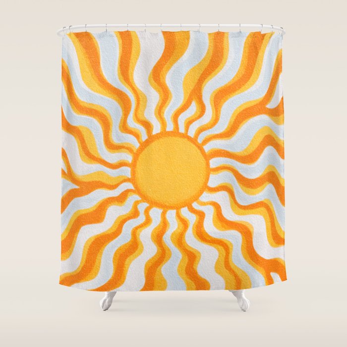 Radiant Sunburst Retro 70s Groovy Sunshine Vibes in Bold Orange and Yellow Shower Curtain Gallery Image 1