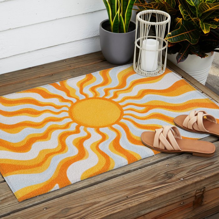 Radiant Sunburst Retro 70s Groovy Sunshine Vibes in Bold Orange and Yellow Outdoor Rug Gallery Image 2