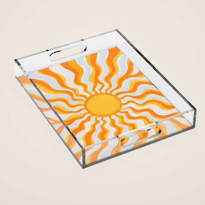 Radiant Sunburst Retro 70s Groovy Sunshine Vibes in Bold Orange and Yellow Acrylic Tray Gallery Image 1